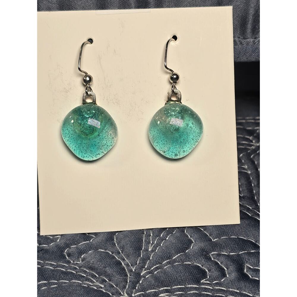 Emerald Green Glass Drop Earrings Faceted Disc Dangle Lightweight Minimal